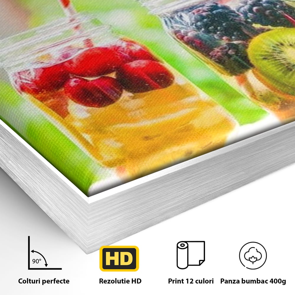 Detaliu al suprafetei: patru borcane cu limonada de fructe, in rama de aluminiu argintiu